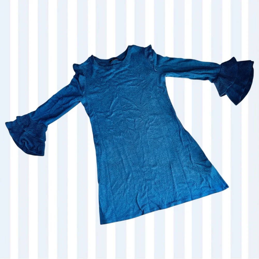 5x$25 Blue Ruffle Bell Sleeves Sweater Dress, 10-12